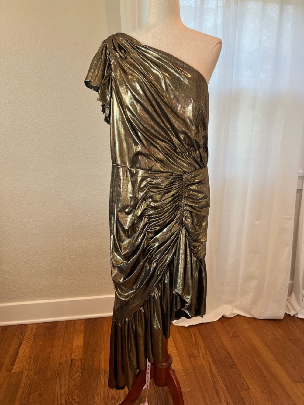 Mac Duggal 27075 Metallic Gold One-Shoulder Asymmetrical Dress. Sz L. NWT - Picture 4 of 16